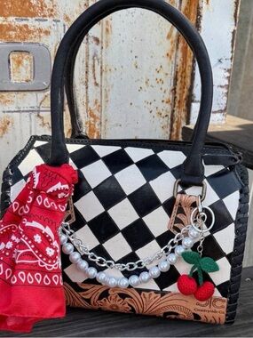 Countryside Black & White Checker Handbag with Cherry Charm